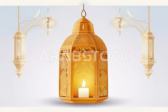 الديكورات والأنوار في الأجواء الرمضانية الروحانية، فانوس معدني مضيئ مزخرف باللون الذهبي، الفن الإسلامي للتحف والاكسسوارات والفوانيس المضيئة، الزينة التقليدية العربية لاستقبال شهر رمضان المبارك