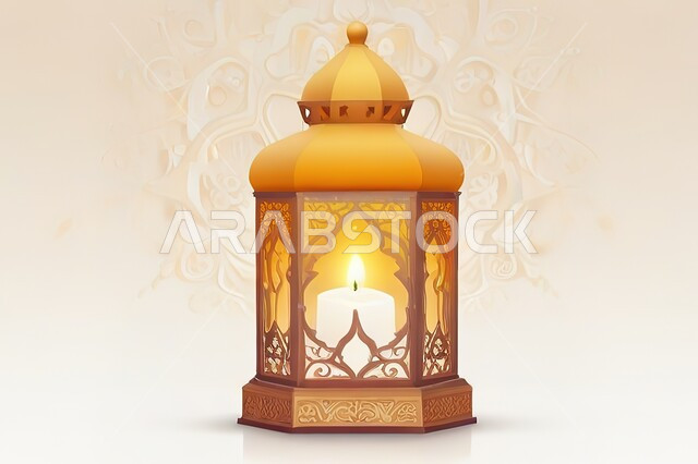 فانوس معدني مضيئ مزخرف باللون الذهبي، الفن الإسلامي للتحف والاكسسوارات والفوانيس المضيئة، الزينة التقليدية العربية لاستقبال شهر رمضان المبارك، الديكورات والأنوار في الأجواء الرمضانية الروحانية