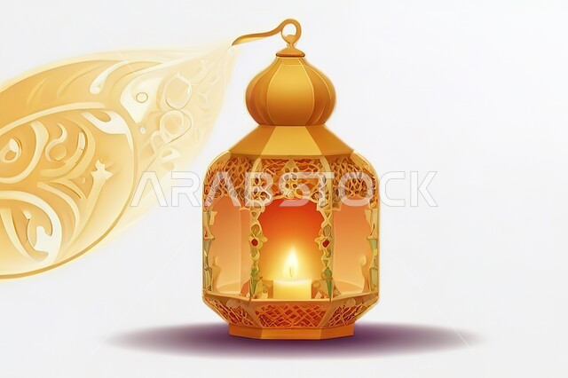 الفن الإسلامي للتحف والاكسسوارات والفوانيس المضيئة، الزينة التقليدية العربية لاستقبال شهر رمضان المبارك، فانوس معدني مضيئ مزخرف باللون الذهبي، الديكورات والأنوار في الأجواء الرمضانية الروحانية
