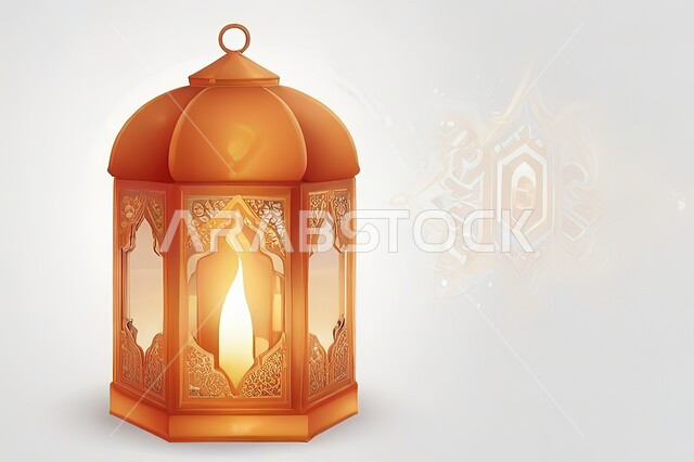 الزينة التقليدية العربية لاستقبال شهر رمضان المبارك، الفن الإسلامي للتحف والاكسسوارات والفوانيس المضيئة، فانوس معدني مضيئ مزخرف باللون الذهبي، الديكورات والأنوار في الأجواء الرمضانية الروحانية