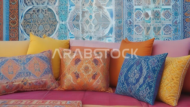 الديكورات و التصاميم  للبيوت والغرف على الطراز العربي القديم، التطريز الشعبي المزخرف على اقمشه الوسائد الملونة على السرير في غرفة النوم، الفنون الهندسية الحرفية التراثية في المملكة العربية السعودية