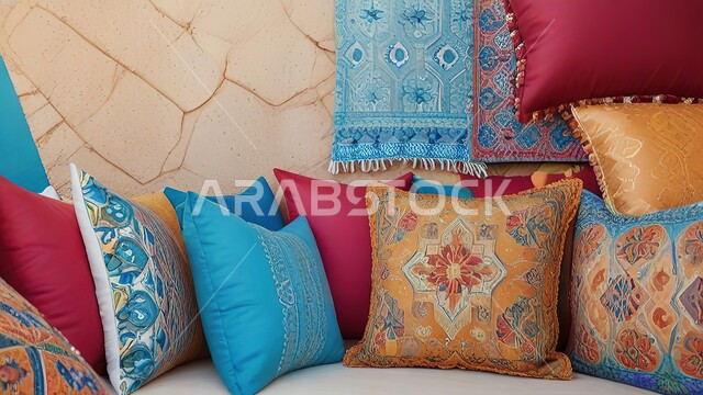 الفنون الهندسية الحرفية التراثية في المملكة العربية السعودية، التطريز الشعبي المزخرف على اقمشه الوسائد الملونة على السرير في غرفة النوم، التصاميم و الديكورات للبيوت والغرف على الطراز العربي القديم