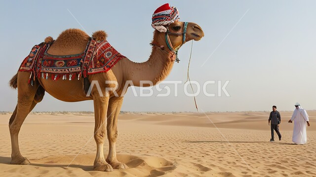 المناظر الطبيعية في الصحاري، الكثبان الرملية و المناطق الصحراوية، مفهوم رعاية المواشي والثدييات، حيوان الجمل يقف وسط صحراء المملكة العربية السعودية، الاهتمام في تربية الجمال و الإبل