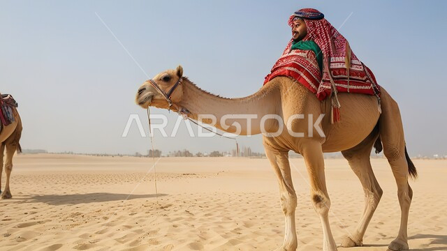 حيوان الجمل يقف وسط صحراء المملكة العربية السعودية، الاهتمام في تربية الجمال و الإبل، الكثبان الرملية و المناطق الصحراوية، مفهوم رعاية المواشي والثدييات، المناظر الطبيعية في الصحاري