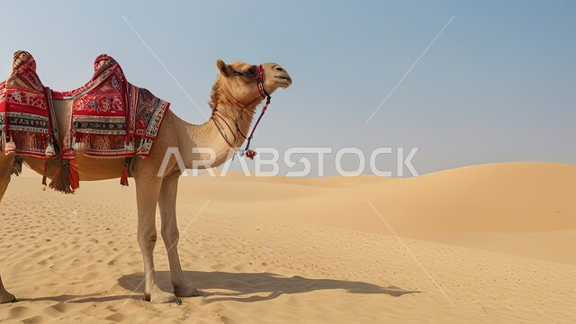 الاهتمام في تربية الجمال و الإبل، حيوان الجمل يقف وسط صحراء المملكة العربية السعودية، الكثبان الرملية و المناطق الصحراوية، مفهوم رعاية المواشي والثدييات، المناظر الطبيعية في الصحاري