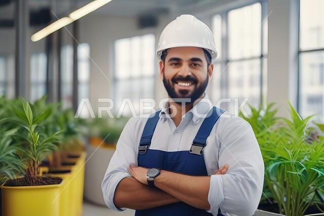 Saudi engineering professions and jobs, looking at the camera with gestures of happiness and pleasure, the development and growth of the engineering sector in the Kingdom, supervising projects at the work site, a close-up photo of a young Saudi Gulf Arab engineer wearing the profession’s uniform and a protective helmet.