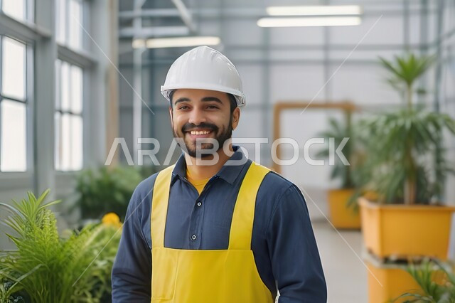 النظر الى الكاميرا بإيماءات السعادة والسرور، تطور ونمو القطاع الهندسي في المملكة، الاشراف على المشاريع في موقع العمل، صورة مقربة لمهندس شاب عربي خليجي سعودي يرتدي اللباس الخاص بالمهنة وخوذة الحماية، مهن ووظائف هندسية سعودية