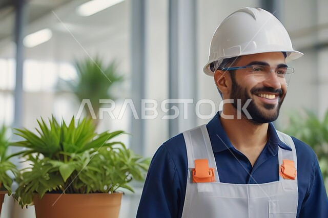 The development and growth of the engineering sector in the Kingdom, supervision of projects at the work site, a close-up picture of a young Saudi Gulf Arab engineer wearing the profession’s uniform and a protective helmet, looking at the camera with gestures of happiness and pleasure, Saudi engineering professions and jobs