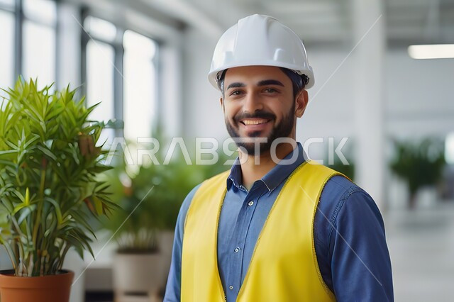 Supervising projects at the work site, a close-up picture of a young Saudi Gulf Arab engineer wearing the profession’s uniform and a protective helmet, the development and growth of the engineering sector in the Kingdom, looking at the camera with gestures of happiness and pleasure, Saudi engineering professions and jobs