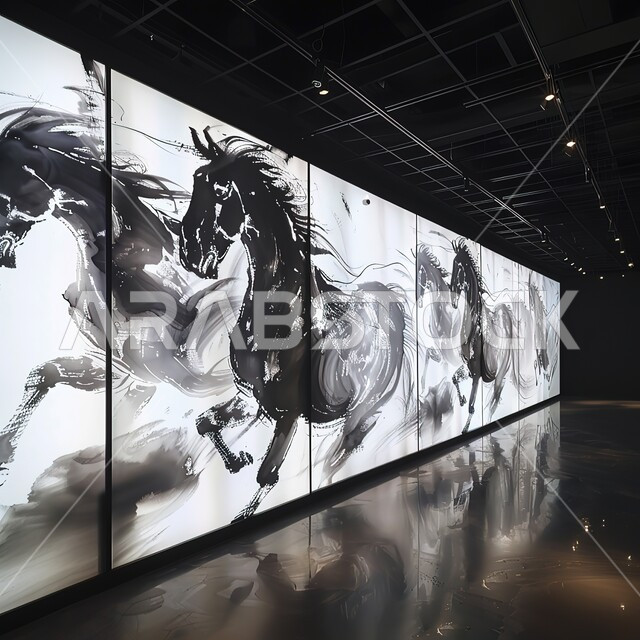 ديكورات وتصاميم جدارية تراثية تقليدية في معرض الفن الحديث الداخلي، توارث حب الجياد وشغف الفروسية وركوب الخيل، الشغف بالأحصنة العربية السعودية، تحفه فنية ثلاثية الابعاد بالأبيض والأسود لخيل عربي أصيل