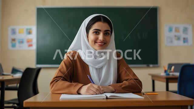 المتابعة والتركيز على الدروس قي الفصل الدراسي، الحرص على التفوق والنجاح، طالبة شابة عربية خليجية سعودية محجبة تجلس على طاولة الدراسة، النظر الى الكاميرا بايماءات السرور والسعادة، مفهوم التعليم في المملكة العربية السعودية