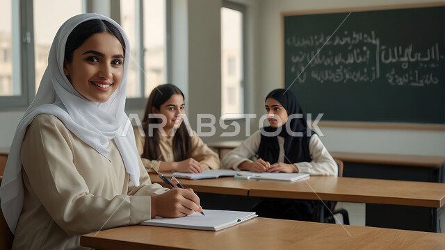 مفهوم التعليم في المملكة العربية السعودية، المتابعة والتركيز على الدروس قي الفصل الدراسي، الحرص على التفوق والنجاح، طالبة شابة عربية خليجية سعودية محجبة تجلس على طاولة الدراسة وخلفها طالبتان، النظر الى الكاميرا بايماءات السرور والسعادة
