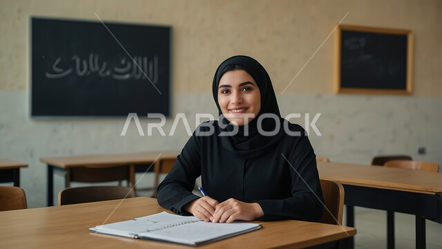 الحرص على التفوق والنجاح، المتابعة والتركيز على الدروس قي الفصل الدراسي، طالبة شابة عربية خليجية سعودية محجبة تجلس على طاولة الدراسة، النظر الى الكاميرا بايماءات السرور والسعادة، مفهوم التعليم في المملكة العربية السعودية