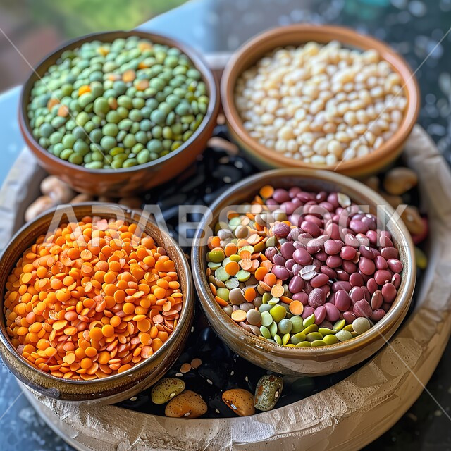 مجموعة مختلفة من البقوليات، حبوب صحية ذات قيمة غذائية عالية، أوعية مليئة بالبذور المغذية والمفيدة، منتجات ومحاصيل وطنية محلية سعودية، خلفية رخامية