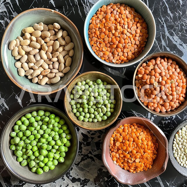 حبوب صحية ذات قيمة غذائية عالية، مجموعة مختلفة من البقوليات، أوعية مليئة بالبذور المغذية والمفيدة، منتجات ومحاصيل وطنية محلية سعودية، خلفية رخامية