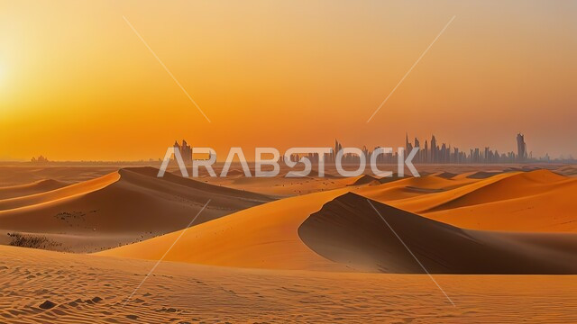 الهضاب و التلال والرمال الذهبية الناعمة في البراري، التكوينات والتشكلات الرملية في الصحراء الكبرى في منطقة المزروكة بالمغرب العربي، مناطق البادية والبيئة الطبيعية الصحراوية عند غروب الشمس، الأماكن والمعالم السياحية المشهورة