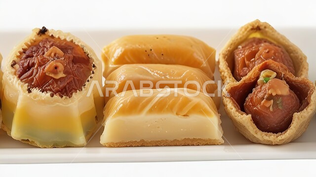 Pieces of delicious oriental Arabic baklava sweets, Saudi sweets with pistachios and nuts, warm hospitality in the Kingdom of Saudi Arabia, national local products, foods rich in sugars and calories.