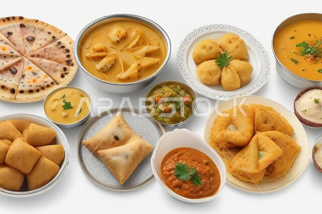 وجبات الطعام الشرقية العربية في المملكة العربية السعودية، مائدة مليئة بالأطعمة الشهية، أطباق من المأكولات المنكهة بالبهارات والتوابل الهندية الشعبية، وصفات المعجنات والأكلات اللذيذة، خلفية بيضاء
