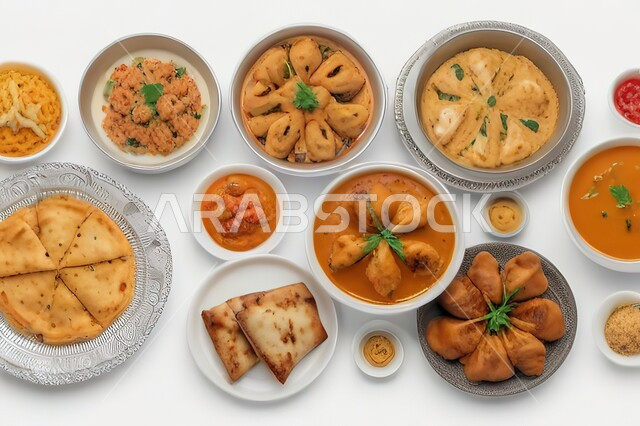 Dishes of cuisine flavored with popular Indian spices and condiments, a table full of delicious foods, oriental-Arabic meals in the Kingdom of Saudi Arabia, recipes for delicious pastries and dishes, white background