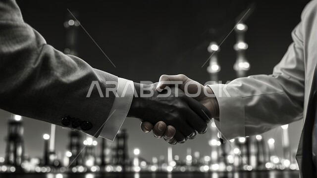 التعارف وبناء العلاقات الاجتماعية، عقد الاتفاقات والصفقات التجارية، ايماءات يدين تدل على الترحيب والاستقبال، صورة مقربة بالأبيض والأسود لأيدي رجلان عربيان سعوديان خليجان يقومان بمصافحة بعضهما، خلفية مصنع لتكرير النفط