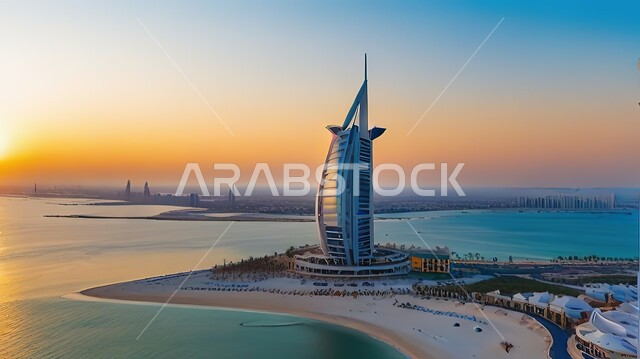الفن الهندسي المعماري للأبراج وناطحات السحاب، جذب واستقطاب السياح من انحاء العالم، فندق برج العرب في مدينة دبي، النمو والتطور العمراني على ساحل الخليج العربي، الواجهة السياحية في الامارات العربية المتحدة