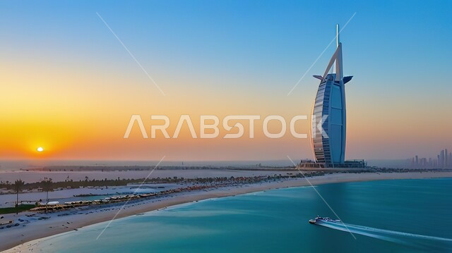 النمو والتطور العمراني على ساحل الخليج العربي، الواجهة السياحية في الامارات العربية المتحدة، الفن الهندسي المعماري للأبراج وناطحات السحاب، جذب واستقطاب السياح من انحاء العالم، فندق برج العرب في مدينة دبي
