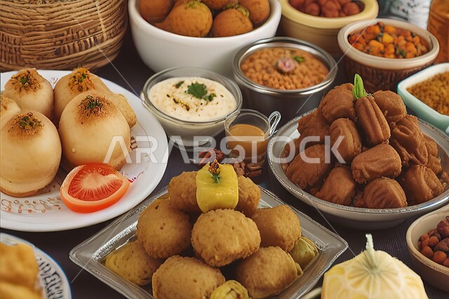 وصفات المعجنات والأكلات اللذيذة، وجبات الطعام الشرقية العربية في المملكة العربية السعودية، سفرة مليئة بالأطعمة الشهية، أطباق من المأكولات المنكهة بالبهارات والتوابل الهندية الشعبية