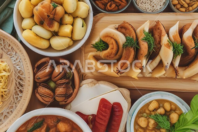 أطباق من المأكولات المنكهة بالبهارات والتوابل الهندية الشعبية، وصفات المعجنات والأكلات اللذيذة، وجبات الطعام الشرقية العربية في المملكة العربية السعودية، سفرة مليئة بالأطعمة الشهية