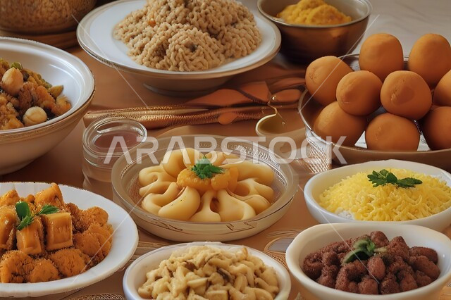 سفرة مليئة بالأطعمة الشهية، أطباق من المأكولات المنكهة بالبهارات والتوابل الهندية الشعبية، وصفات المعجنات والأكلات اللذيذة، وجبات الطعام الشرقية العربية في المملكة العربية السعودية