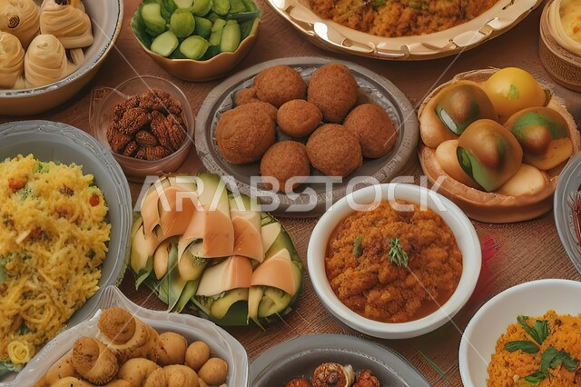 مائدة مليئة بالأطعمة الشهية، أطباق من المأكولات المنكهة بالبهارات والتوابل الهندية الشعبية، وصفات المعجنات والأكلات اللذيذة، وجبات الطعام الشرقية العربية في المملكة العربية السعودية