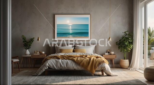 غرفة نوم بأثاث أنيق مع واجهه زجاجية كبيرة مطلة على البحر، ديكورات وتصاميم داخلية راقية، شقق وفلل سكنية فاخرة في السعودية، فنادق ومنتجعات حديثة، اماكن للاسترخاء والهدوء والابتعاد عن ضغوط الحياة، فنون الهندسة المعمارية والديكور المتطور