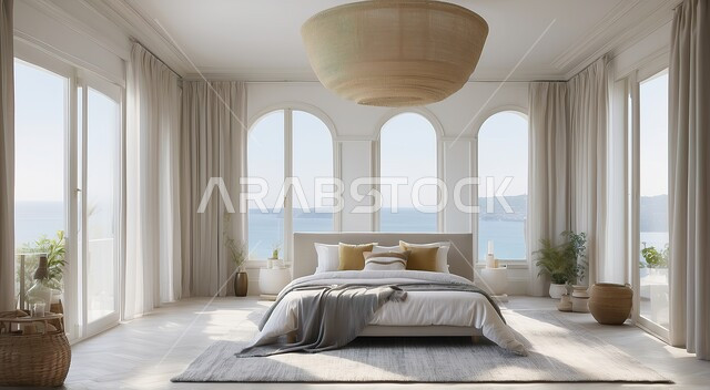 Places to relax, calm and get away from the stresses of life, architecture and advanced decor, a bedroom with elegant furniture with a large glass facade overlooking the sea, upscale interior decorations and designs, luxury residential apartments and villas in Saudi Arabia, modern hotels and resorts.