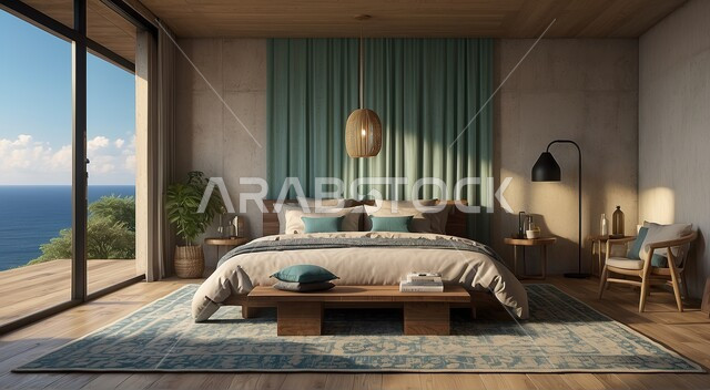 Places to relax, calm and get away from the stresses of life, architecture and advanced decor, a bedroom with elegant furniture with a large glass facade overlooking the sea, upscale interior decorations and designs, luxury residential apartments and villas in Saudi Arabia, modern hotels and resorts.