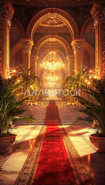 Ornamental plants inside modern hotels and resorts, fine antiques and accessories, advanced architecture and decoration, classical decorations engraved on the columns and ceilings at the entrances, a large, luxurious lighting chandelier.