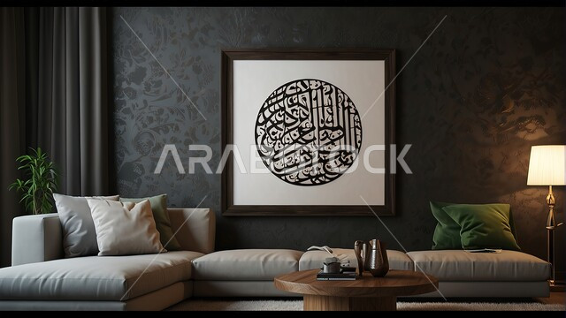 Wall paintings and art objects, luxurious modern designs, living room with modern designs in the Islamic style, elegant Arabic decorations, luxurious interior decorations with ornate windows, distinguished furniture and carpets, residential apartments and villas, Arabic manuscripts with religious phrases.