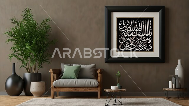 Luxurious modern designs, living room with modern designs in the Islamic style, elegant Arabic decorations, advanced architecture and decoration, distinguished furniture and carpets, residential apartments and villas, Arabic manuscripts with religious phrases, wall paintings and artistic masterpieces.