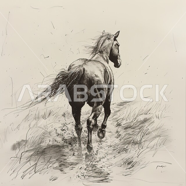 توارث حب الجياد وشغف الفروسية وركوب الخيل، الشغف بالأحصنة العربية السعودية، رسم توضيحي مرسوم باليد بالأبيض والأسود لخيل عربي أصيل