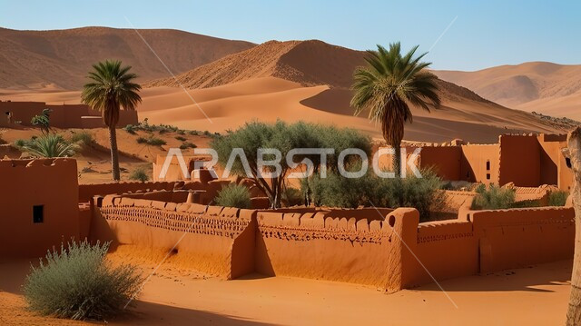 Old mud buildings in the desert environment, planting palm trees and green plants in the prairies, a historic folk village, natural tourist attractions in the Kingdom of Saudi Arabia.
