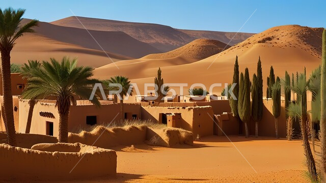  زراعة أشجار النخيل والنباتات الخضراء في البراري، قريه شعبيه تاريخيه، معالم سياحية طبيعية في المملكة العربية السعودية، مباني طينية قديمة في البيئة الصحراوية