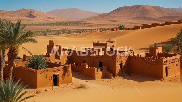 معالم سياحية طبيعية في المملكة العربية السعودية، مباني طينية قديمة في البيئة الصحراوية، زراعة أشجار النخيل والنباتات الخضراء في البراري، قريه شعبيه تاريخيه