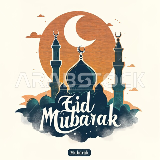 تصميم لبطاقة تهنئة و معايدة بمناسبة الأعياد الإسلامية, عيد الأضحى المبارك, تصاميم كوفر للمعايدات، رسوم للمساجد والقبب والمآذن، مخطوطة عيد مبارك، قوالب زينة واضاءة المناسبات السعيدة