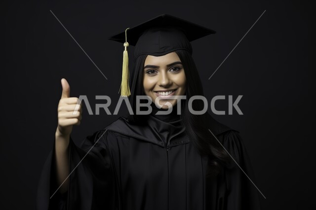 النظر الى الكاميرا بتعابير الفرح والسرور، بورتريه مقرب لطالبة عربية خليجية سعودية مبتسمة تشير بأصبع الأبهام نحو الأعلى بايماءات الجودة والرضا، خلفية سوداء