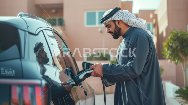 وسائل النقل الصديقة للبيئة, تعبئة الوقود في المحطة المنزلية, صورة من الجانب لرجل عربي خليجي سعودي يرتدي الزي التقليدي يقوم بتوصيل شاحن كهربائي لسيارته