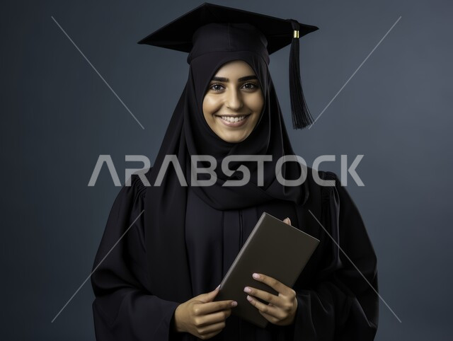 حفلات الخرج من الجامعة، بورتريه مقرب لطالبة عربية سعودية خليجية تحمل دفتر بايماءات السعادة بالتفوق والنجاح، خلفية رمادية