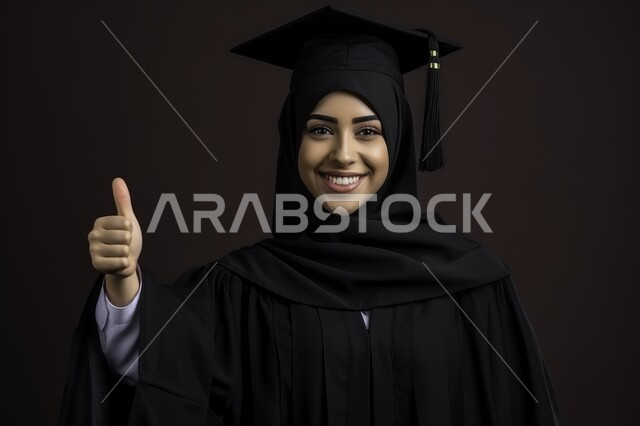 النظر الى الكاميرا بتعابير الفرح والسرور، بورتريه مقرب لطالبة عربية خليجية سعودية مبتسمة ترفع اصبع الابهام نحو الأعلى بايماءات الجودة والرضا, خلفية سوداء