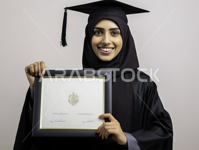حفلات التخرج من الجامعة، بورتريه مقرب لطالبة جامعية خريجة عربية سعودية خليجية مبتسمة تحمل شهادة تخرجها بايماءات السعادة بالتفوق والنجاح, خلفية رمادية