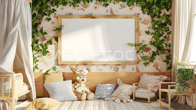 تصاميم داخلية مستوحاة من الطبيعه، غرفة أطفال بأثاث أنيق والوان هادئة ومريحة، شقق وفلل سكنية فاخرة في السعودية، فن التصميم والديكورات المتطورة، سرير خشبي صغير، لوحة بيضاء فارغة، موك أب