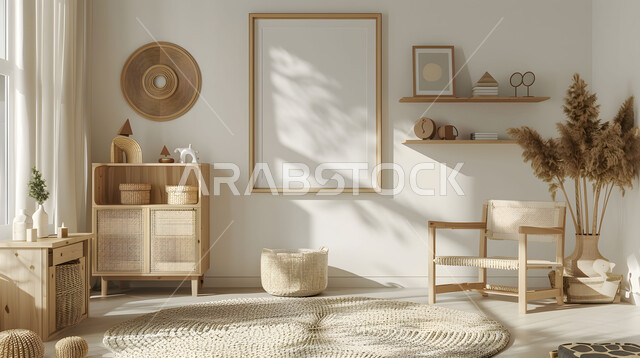 Advanced design and decoration, luxury residential apartments and villas in Saudi Arabia, a blank canvas, interior designs inspired by nature, a children’s room with elegant furniture and calm colors, a mockup