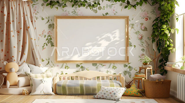 مجموعة من الوسائد المريحة، شقق وفلل سكنية فاخرة في السعودية، لوحة بيضاء فارغة، تصاميم داخلية مستوحاة من الطبيعه، غرفة أطفال بأثاث أنيق والوان هادئة، فن التصميم والديكورات المتطورة، موك أب