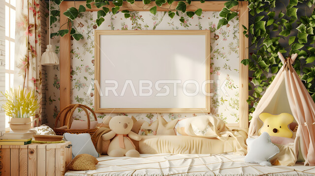 شقق وفلل سكنية فاخرة في السعودية، لوحة بيضاء فارغة، مجموعة من الوسائد المريحة، تصاميم داخلية مستوحاة من الطبيعه، غرفة أطفال بأثاث أنيق والوان هادئة، فن التصميم والديكورات المتطورة، موك أب